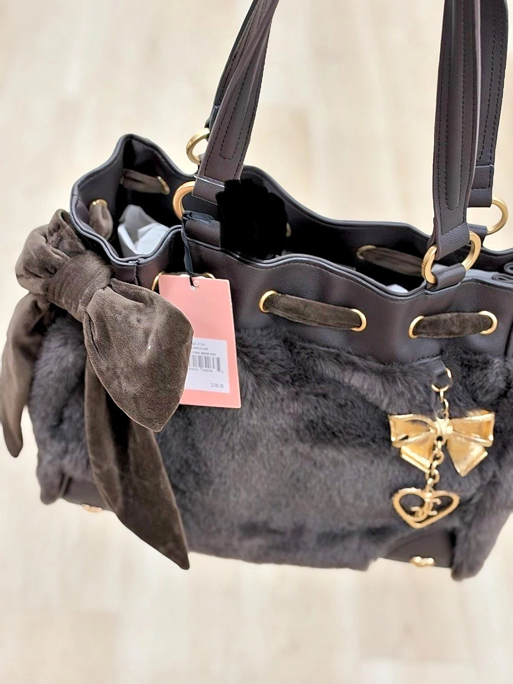 Juicy Couture Brown Faux Fur Tote Bag with Bow Charm soul sister tote